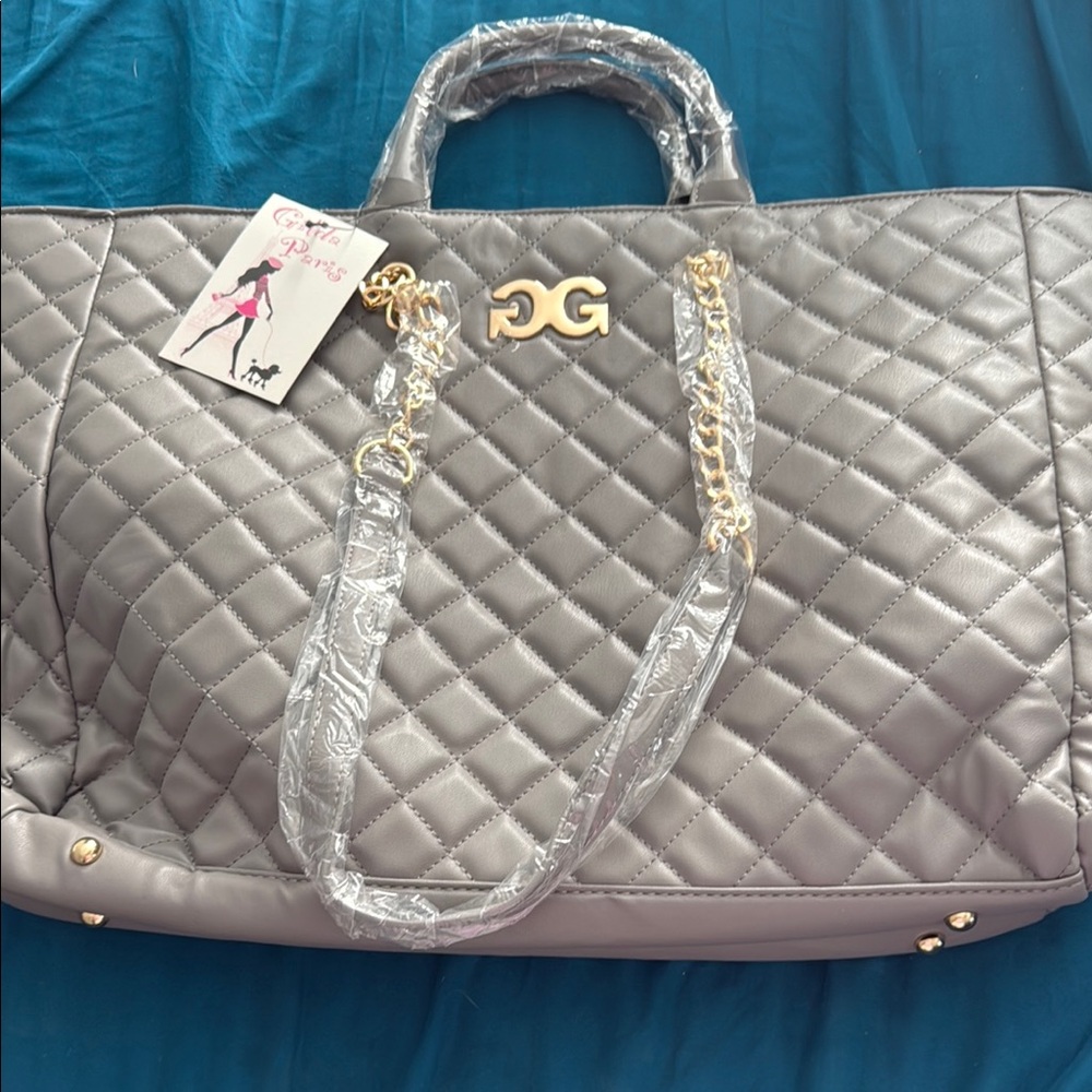 Elegant Gray Quilted Tote with Gold Accents